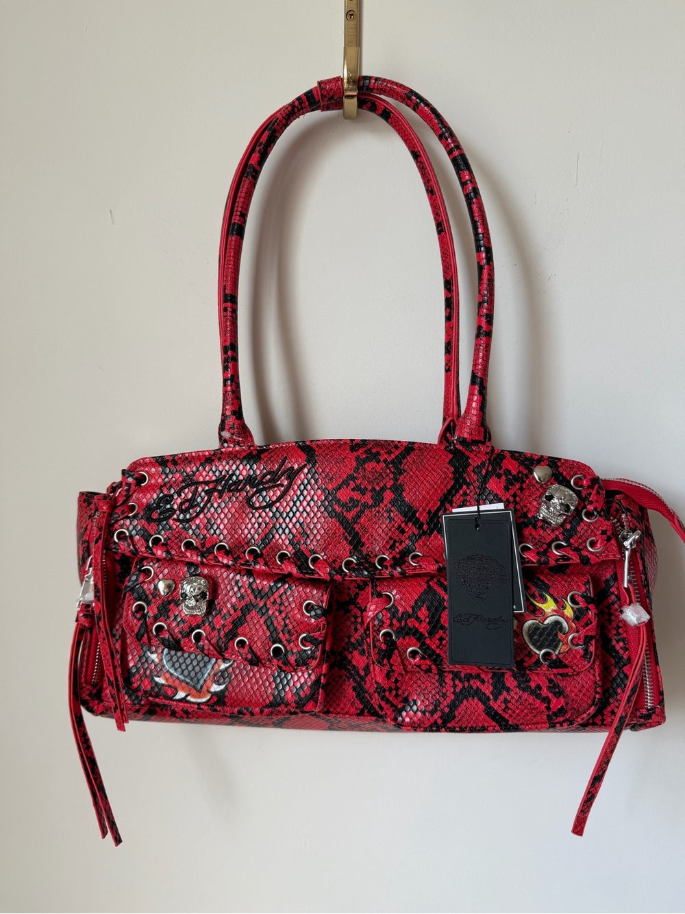 Ed Hardy Red black Snakeskin-Print Shoulder Bag with Skull & Heart Charms